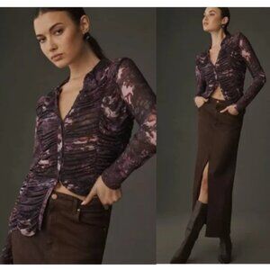 Anthropologie Pilcro Ruched Mesh Button Down
